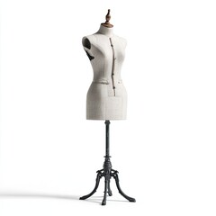 Obraz premium Full shot of a light beige dress form on a dark metal stand. It's a classic, elegant design with a tailored appearance, showcasing a fitted bodice and skirt. The stand has ornate details