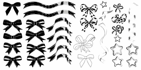 Collection of hand drawn black and white bows ribbons and stars elements for design