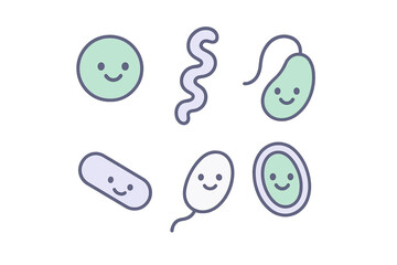 Collection of adorable smiling microorganisms including bacteria, viruses, and single-celled organisms in a playful style