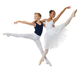 Interracial young boy and girl ballerina duo mid-air leap performance