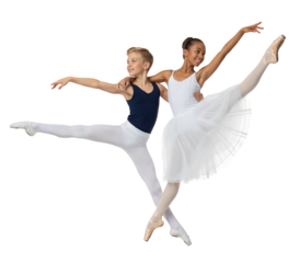 Interracial young boy and girl ballerina duo mid-air leap performance