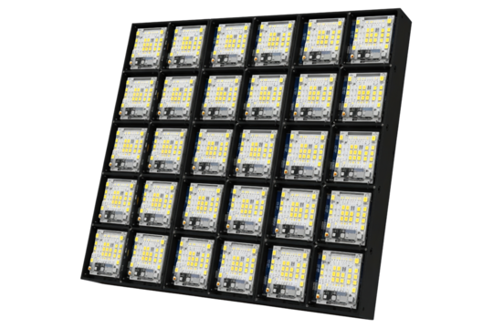 Large rectangular high-power LED floodlight panel array isolated on a transparent background