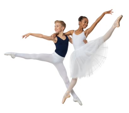 Interracial young boy and girl ballerina duo mid-air leap performance