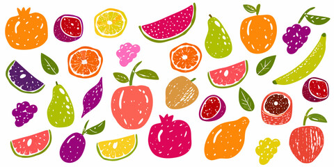 Vibrant hand drawn assortment of fresh fruits and leaves on white background