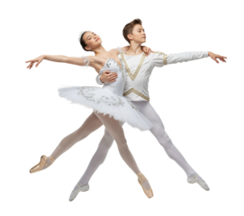 Graceful young Asian ballet partners in coordinated pose with extended arms together
