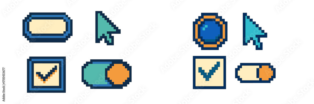 Poster retro pixel art user interface elements featuring mouse cursor, input fields, buttons, checkboxes, a