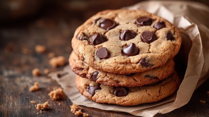 Fototapeta premium Chocolate chip cookies stacked on parchment