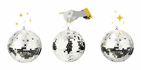 A hand holding a disco ball with two other disco balls on either side and sparkling stars