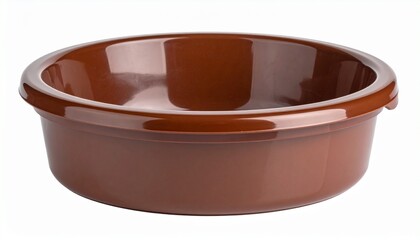 Brown plastic basin with wide rim and glossy surface, placed on a plain white background to emphasize its household utility and simple design.