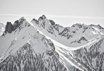 Stark black and white image of the Sciero group's jagged, snow-covered peaks in the Rhaetian Alps during winter, fine art photography, photography