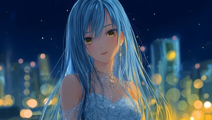 Elegant anime girl with silver hair in sparkling evening gown