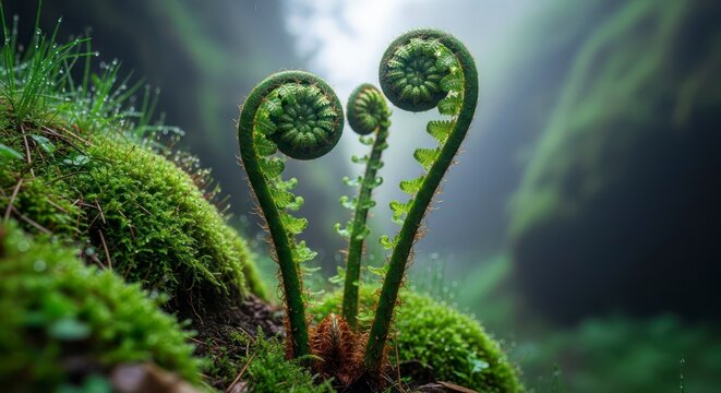 Fresh Green Fern Fiddleheads Unfurling in Foggy Mossy Forest
