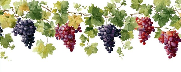 Watercolor grapes and leaves border