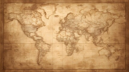 Vintage world map with aged parchment texture, detailed cartography in warm sepia tones for an antique aesthetic.