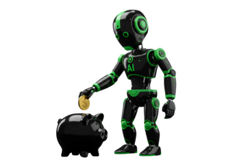 AI Robot Saving Money in Piggy Bank - Artificial Intelligence, Finance and Technology Concept - Isolated on Transparent Background PNG

