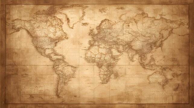 Vintage world map with aged parchment texture, detailed cartography in warm sepia tones for an antique aesthetic.