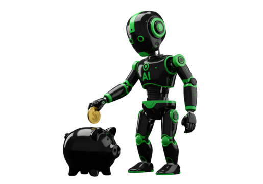 AI Robot Saving Money in Piggy Bank - Artificial Intelligence, Finance and Technology Concept - Isolated on Transparent Background PNG
