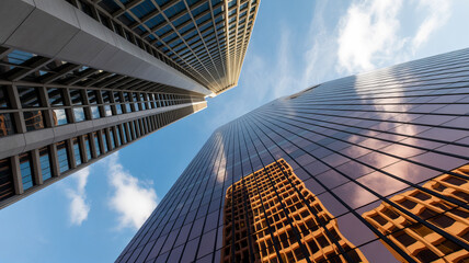 Naklejka premium Glass skyscraper facade with reflections and perspective view 