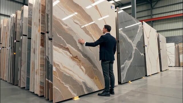 Professional male designer or architect in a suit inspecting a large, polished marble or porcelain slab in a warehouse, representing luxury interior design, craftsmanship, and material selection