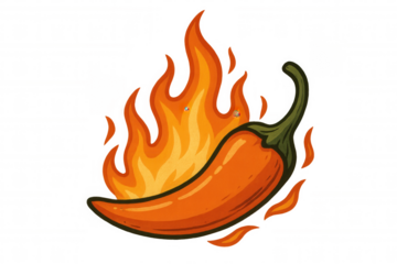 Glowing red chili pepper emitting fiery flames against transparent backdrop, vector graphic