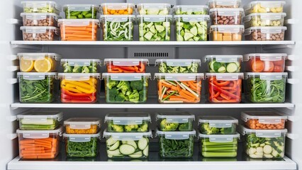 Fresh, organized vegetables in clear containers inside fridge