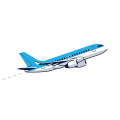 Blue airplane taking off into the sky.