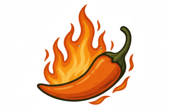 Glowing red chili pepper emitting fiery flames against transparent backdrop, vector graphic