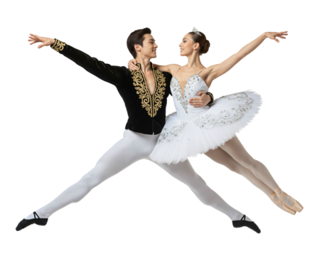 Asian Male and female dancers performing elegant duet on stage on isolated background