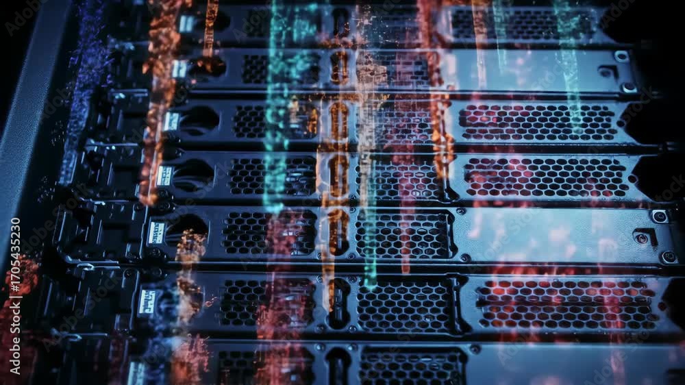 Poster close-up of servers in data center, hosting with technology concept and data stream.