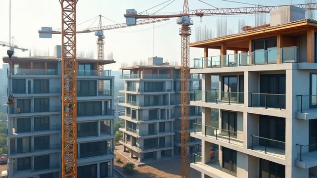 Construction of multi-storey modern houses. Flight over the modern residential complex of houses under construction. Construction cranes and active construction.