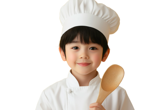 Charming young chef in a white uniform and hat smiling while holding a wooden spoon, ready to cook up a delicious meal for family and friends.