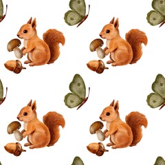 Naklejka premium Watercolor squirrel with mushrooms acorns and butterfly autumn seamless pattern