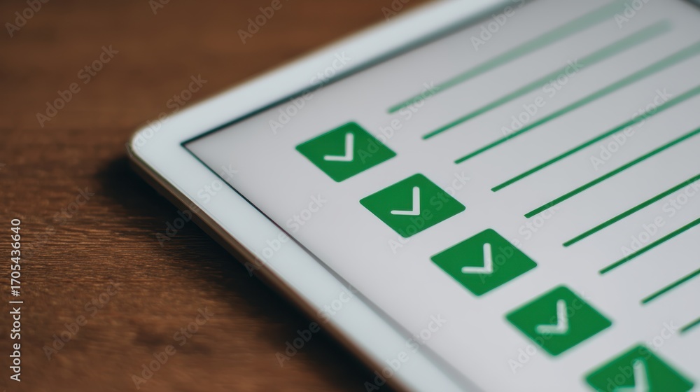 Poster digital checklist on tablet with green checkmarks, symbolizing task completion and organization. ide