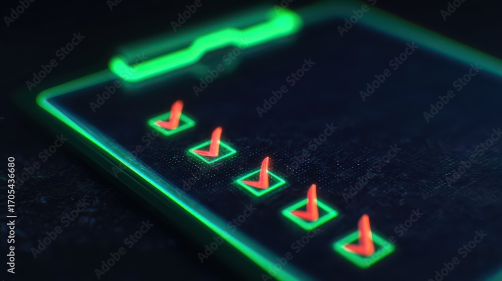 Poster digital clipboard with glowing checkmarks, symbolizing task completion and organization. vibrant col