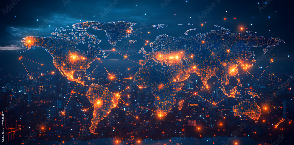 Poster futuristic digital map with interconnected nodes and glowing lines symbolizing worldwide connectivit