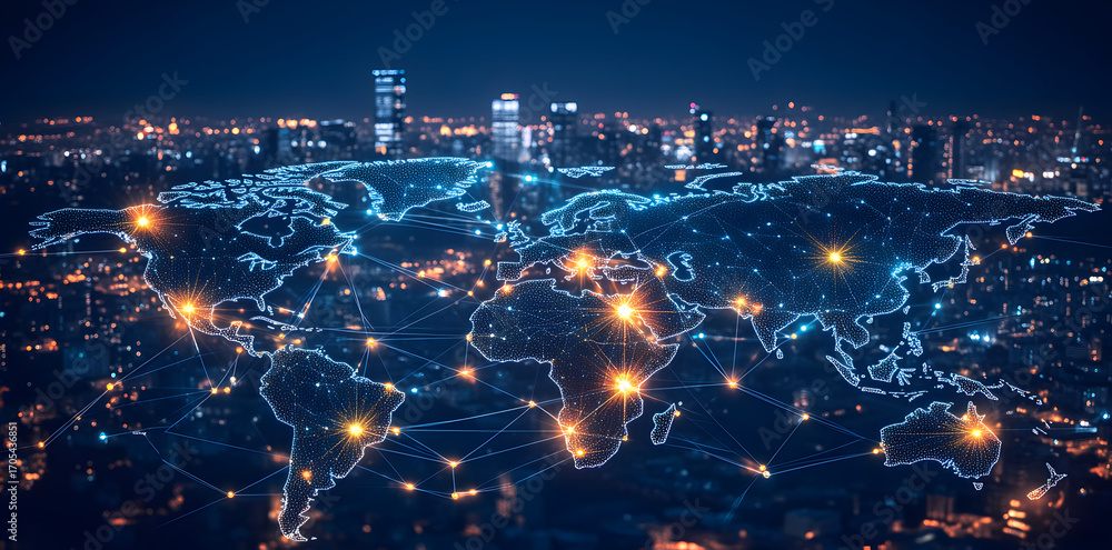 Poster abstract global communication background with digital world map, nodes, and connection lines represe