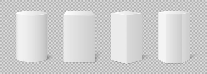 Set of White Display Pedestals – Cylinder, Square, Hexagon and Octagon Shapes – Vector