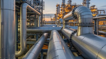 Industrial pipes and refinery at sunset with warm glowing lights