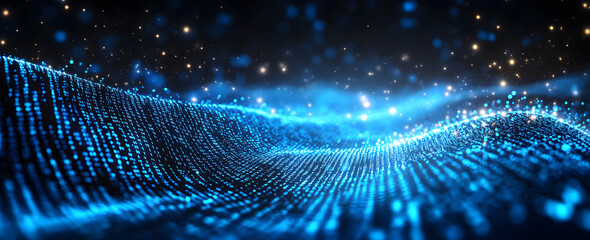 Digital blue cyber background with glowing binary code and data streams representing programming, cyber security, data analysis, and futuristic information technology network communication