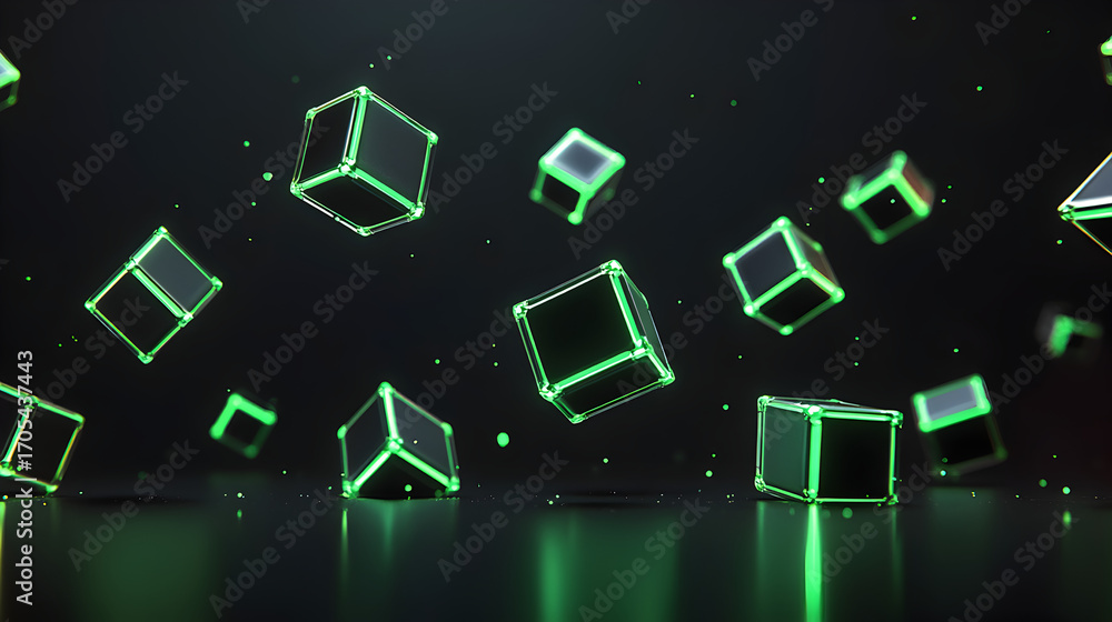 Poster abstract cube animation with glowing neon green outlines floating on dark gray matte background symb