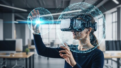 Woman exploring virtual reality world with VR headset in office