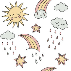 Pastel weather elements with sun, clouds, rainbow and rain