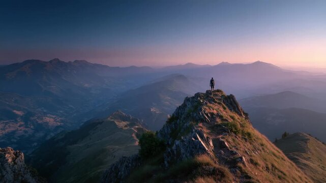 Lone Figure on Rocky Peak Overlooking Misty Mountain Range Under Dawn Sky At Golden Hour With Warm Light On Foreground Ridge And Distant Peaks