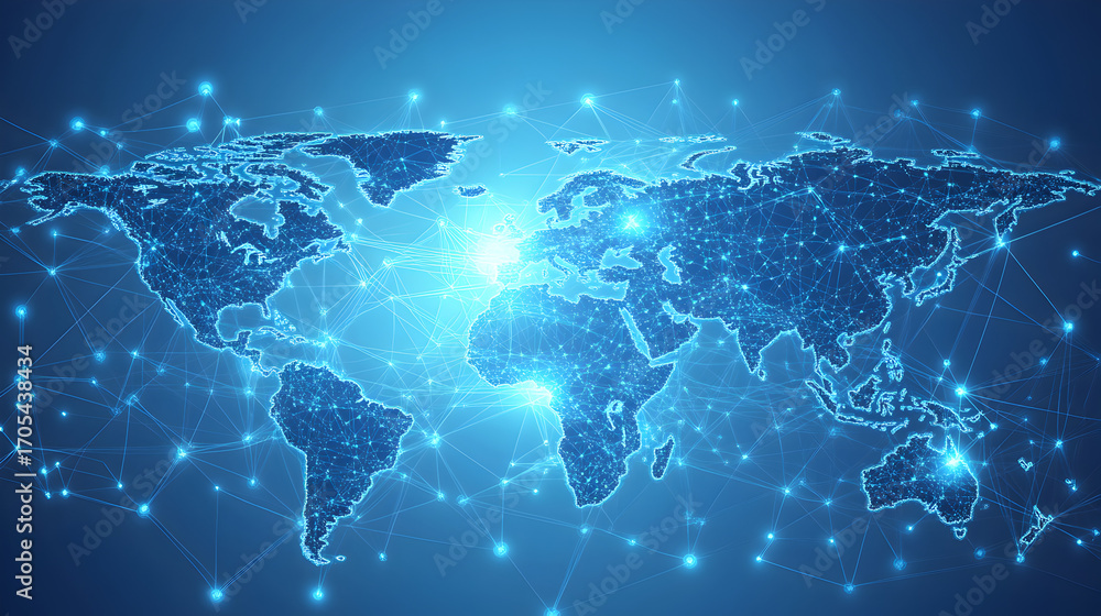 Poster technology background with digital world map and interconnected lines on light blue backdrop symboli