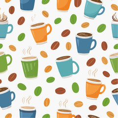Obraz premium Seamless vector pattern with cups, mugs, and icons for coffee, tea, and other hot beverages like cappuccino, latte, and espresso