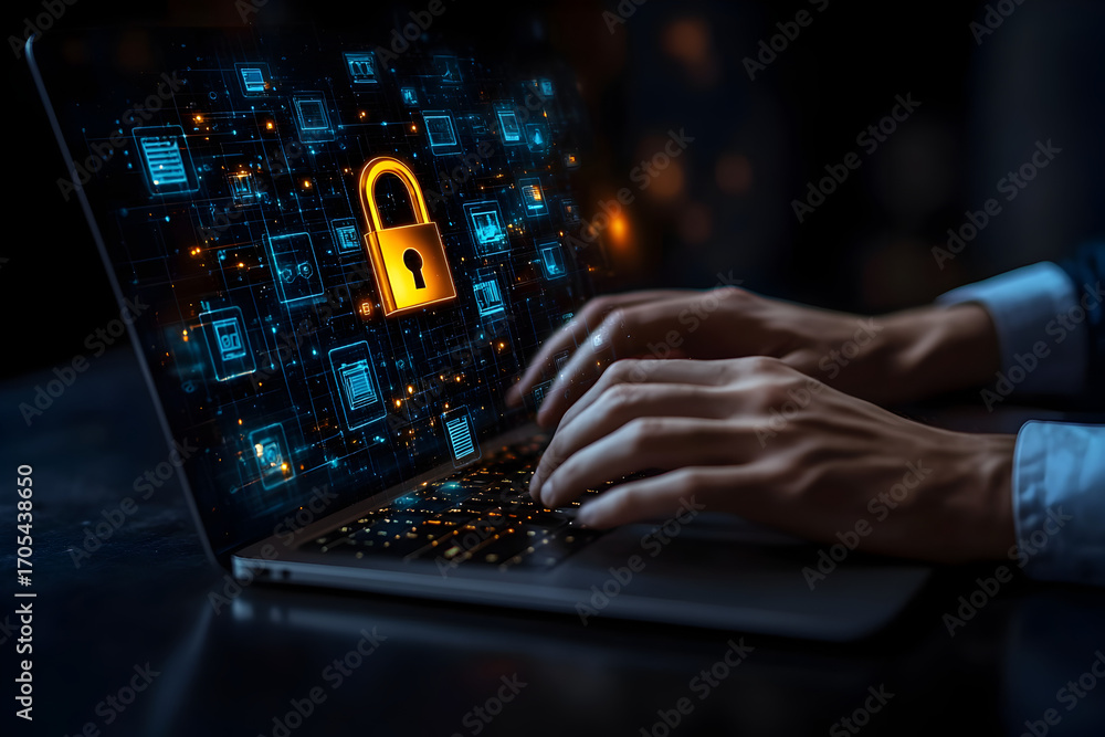 Poster office worker typing on computer with holographic padlock and data shield symbols glowing from scree