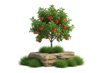 A lush  tree, laden with ripe red apples, sits atop a weathered stone pedestal surrounded by a bed of green grass.