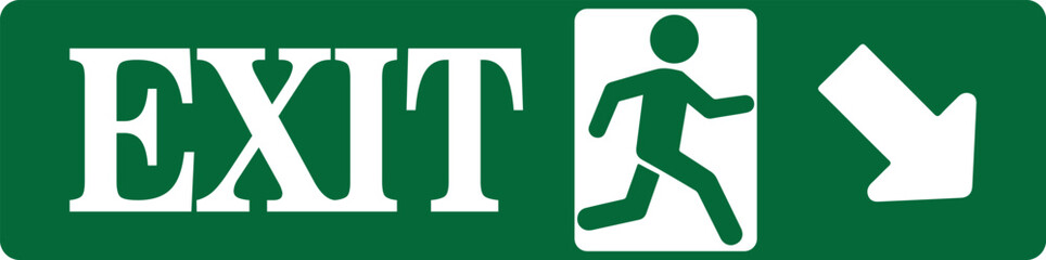 Green and white emergency exit sign with text, a running person pictogram, and a directional arrow.