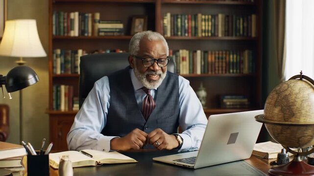Senior African American man working on laptop at desk in home office, business and technology concept. - Powered by Adobe