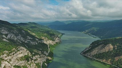 Aerial view on Danube river and mountains